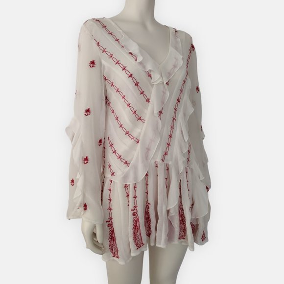 Free People White Chiffon Red Embroidered V Neck Boho Tunic Top - Picture 3 of 16
